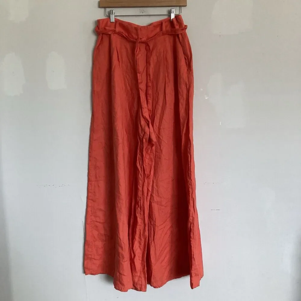 Banana Republic High Rise Wide Leg Linen Pants 12 Palazzo Sedona Coral Orange